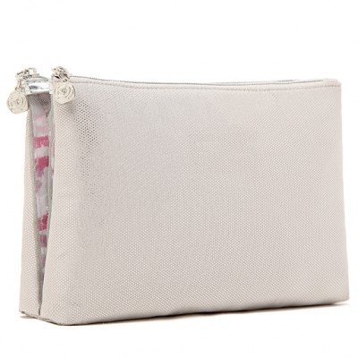 Folding Canvas Mesh Net Cosmetic Bag Pouch with Dual Layers Zips for Toiletry Storage