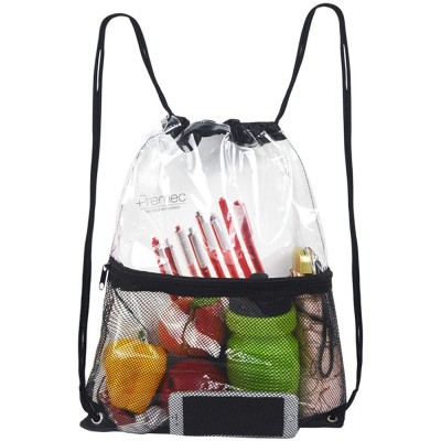 Clear PVC Drawstring Backpack Bag with Front Zipper Mesh Pocket