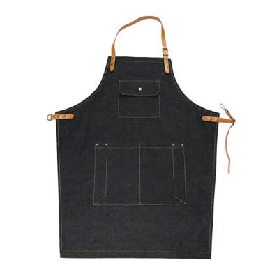 High Quality Waterproof BBQ Denim Apron Heavy Duty Barber Chef Apron with Leather Strap