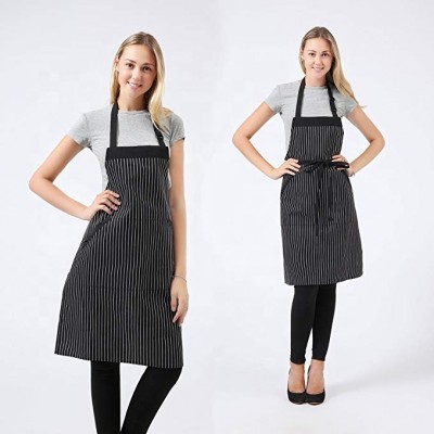 Black/White Pinstripe Adjustable Bib Cotton Apron with Pockets